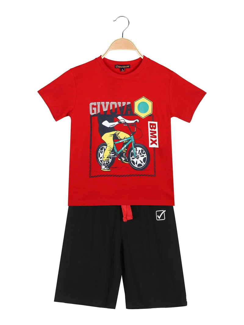 Completo corto da ragazzo in cotone con t-shirt e bermuda - rosso