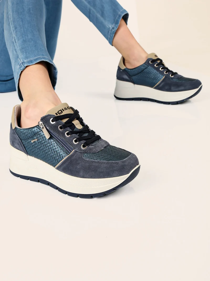 Sneakers donna in pelle con zeppa platform - blu scuro