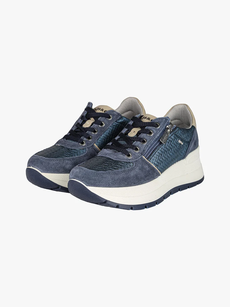Sneakers donna in pelle con zeppa platform - blu scuro