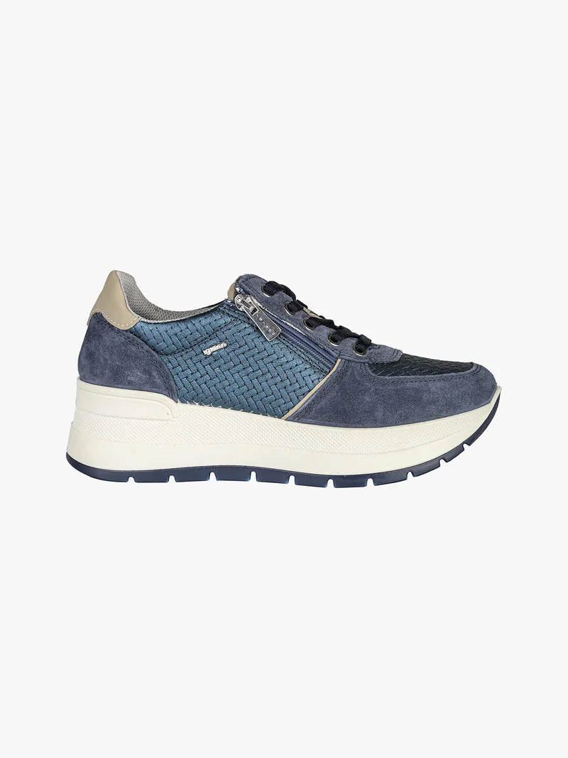 Sneakers donna in pelle con zeppa platform - blu scuro