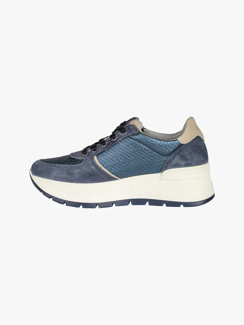 Sneakers donna in pelle con zeppa platform - blu scuro