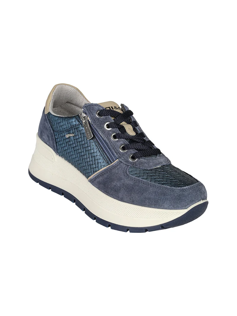 Sneakers donna in pelle con zeppa platform - blu scuro