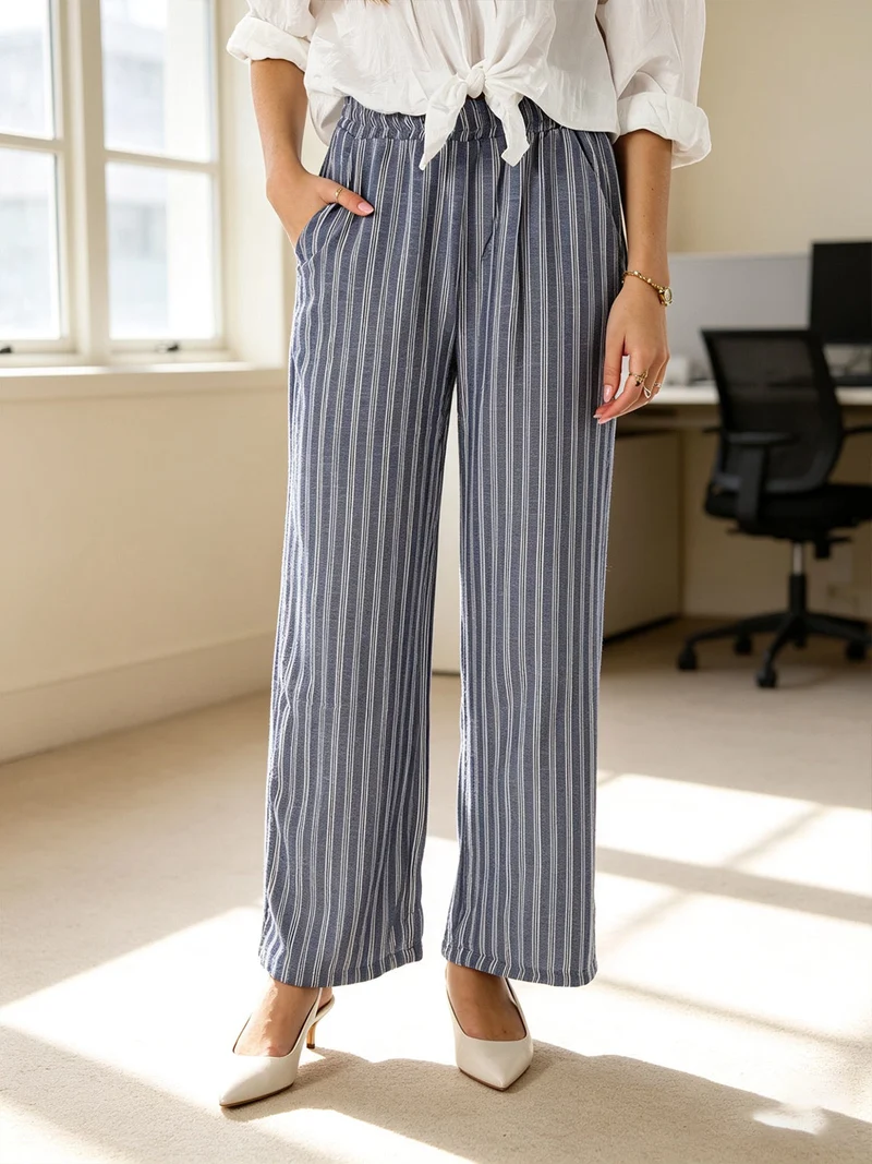 Pantaloni donna a righe in misto lino - blu