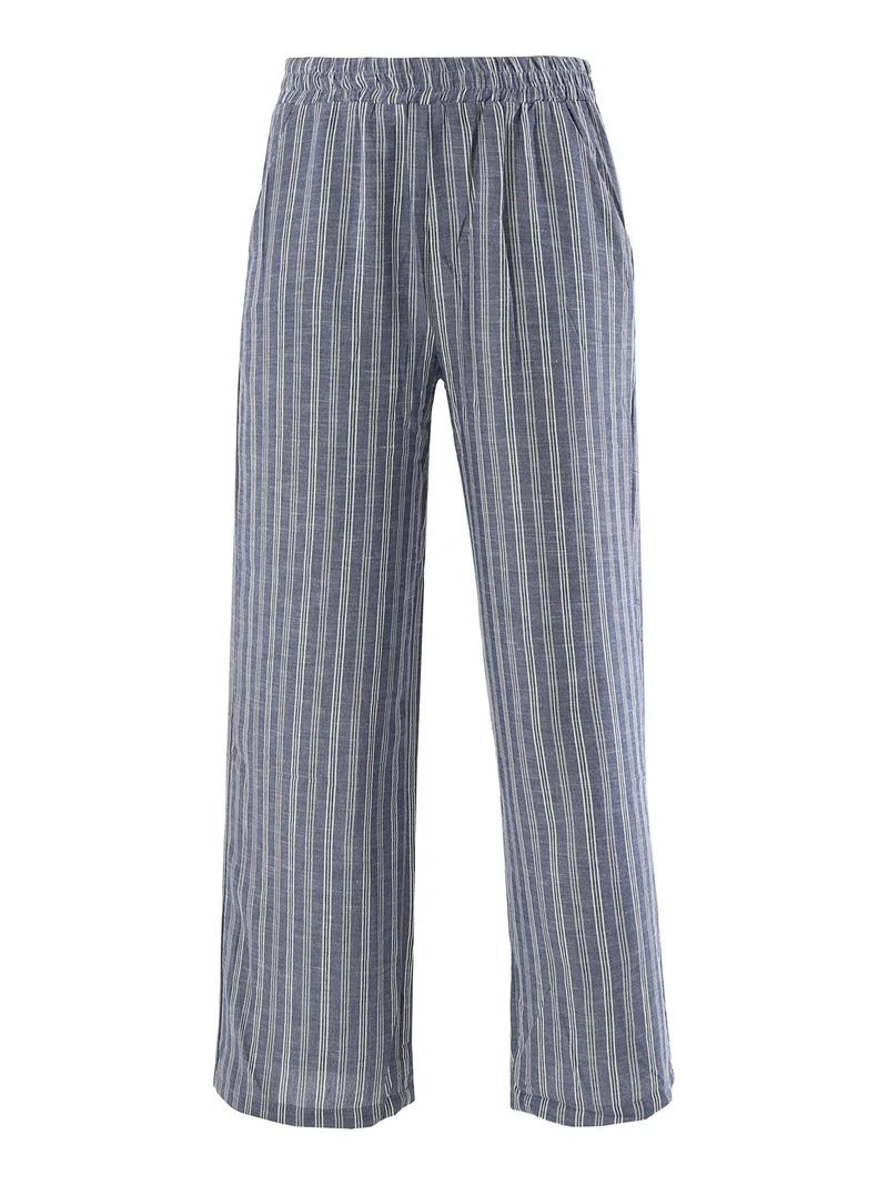 Pantaloni donna a righe in misto lino - blu