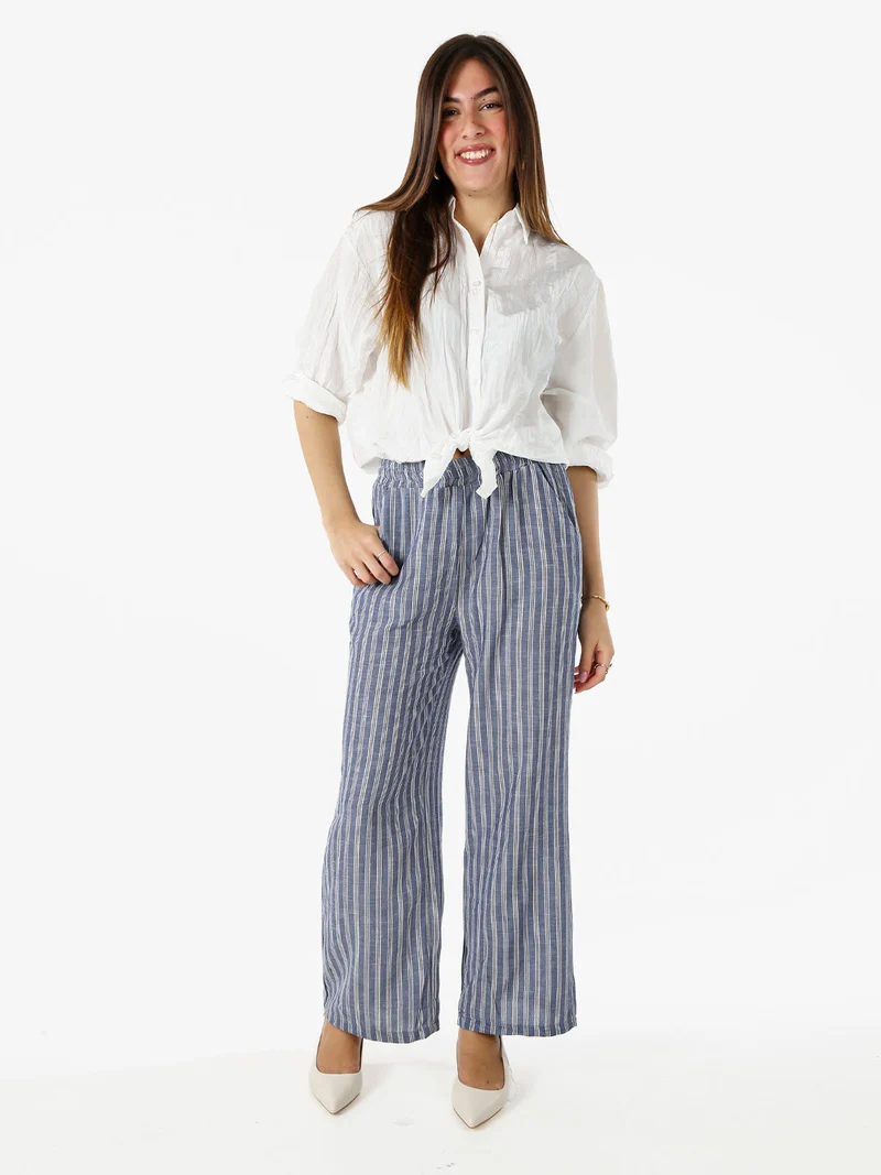 Pantaloni donna a righe in misto lino - blu