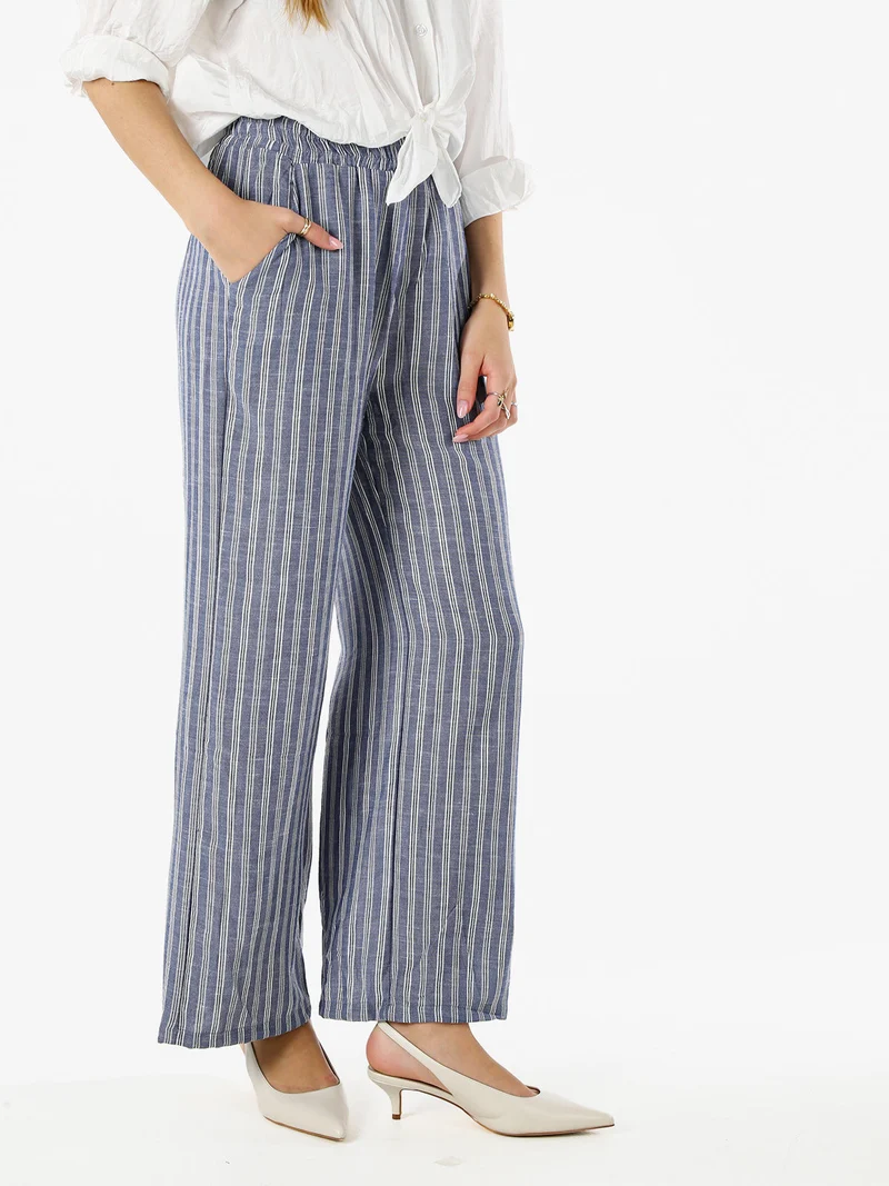 Pantaloni donna a righe in misto lino - blu