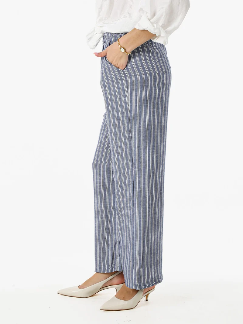 Pantaloni donna a righe in misto lino - blu