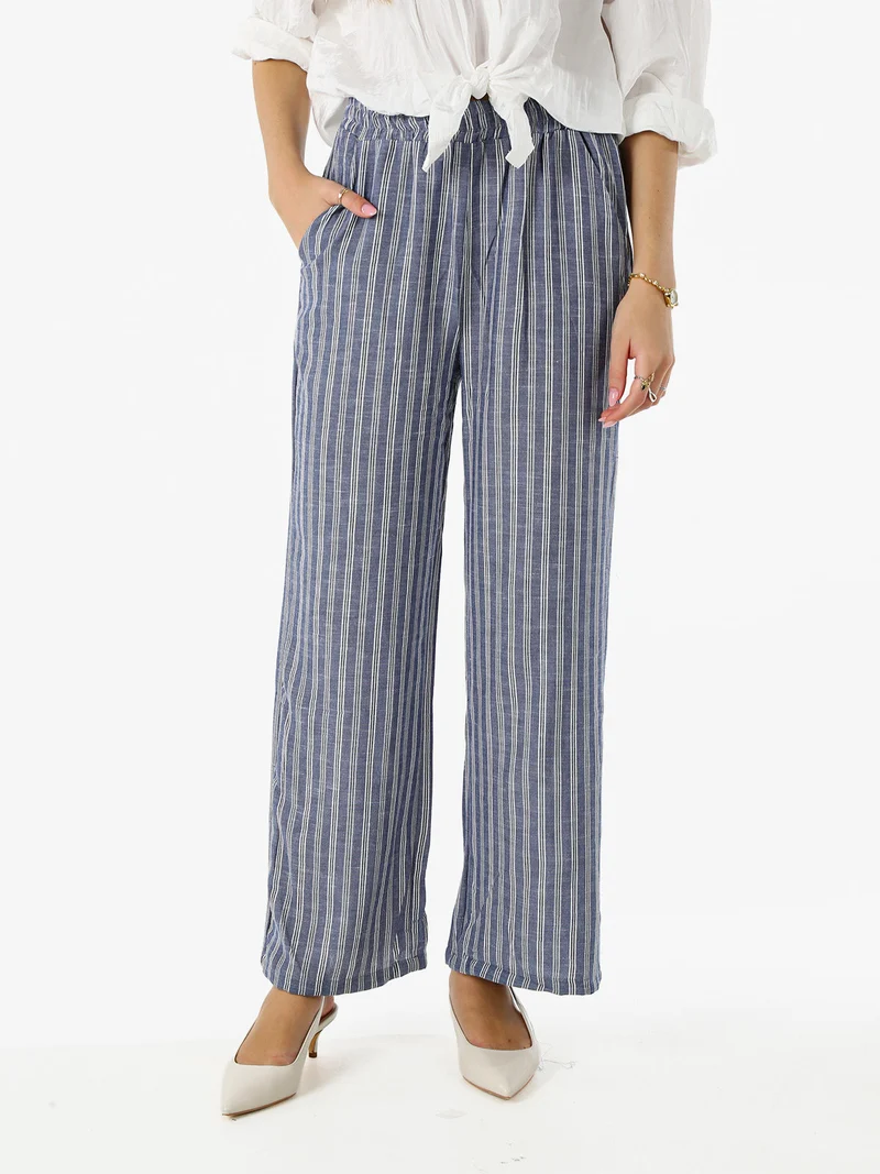 Pantaloni donna a righe in misto lino - blu