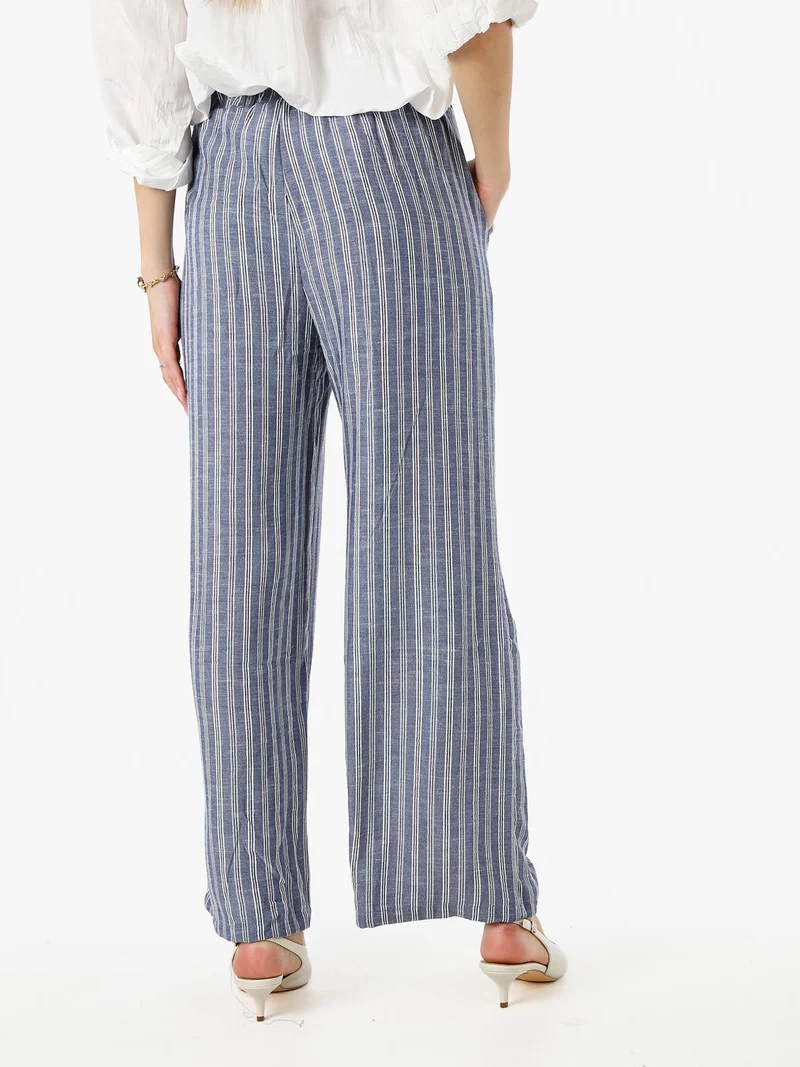 Pantaloni donna a righe in misto lino - blu
