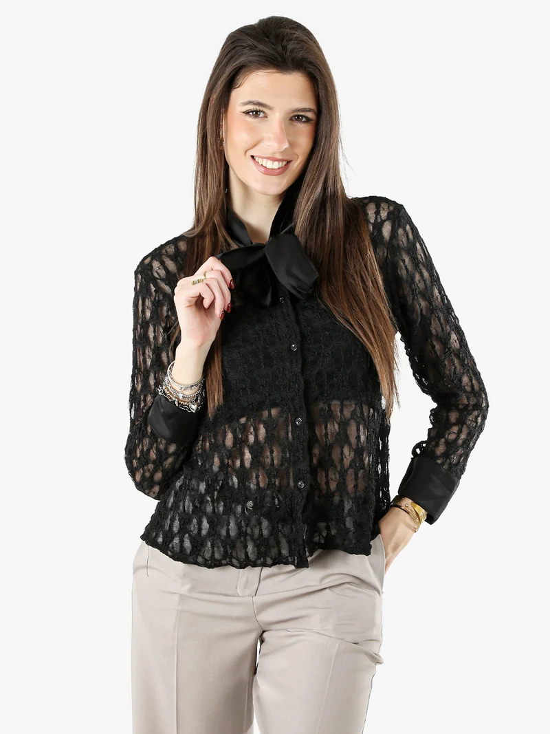 Camicia donna in pizzo a maniche lunghe con dettagli effetto raso - nero