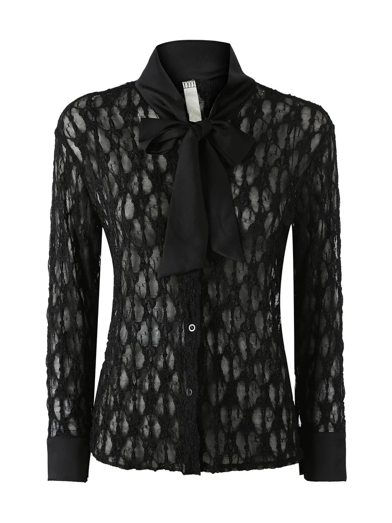 Camicia donna in pizzo a maniche lunghe con dettagli effetto raso - nero