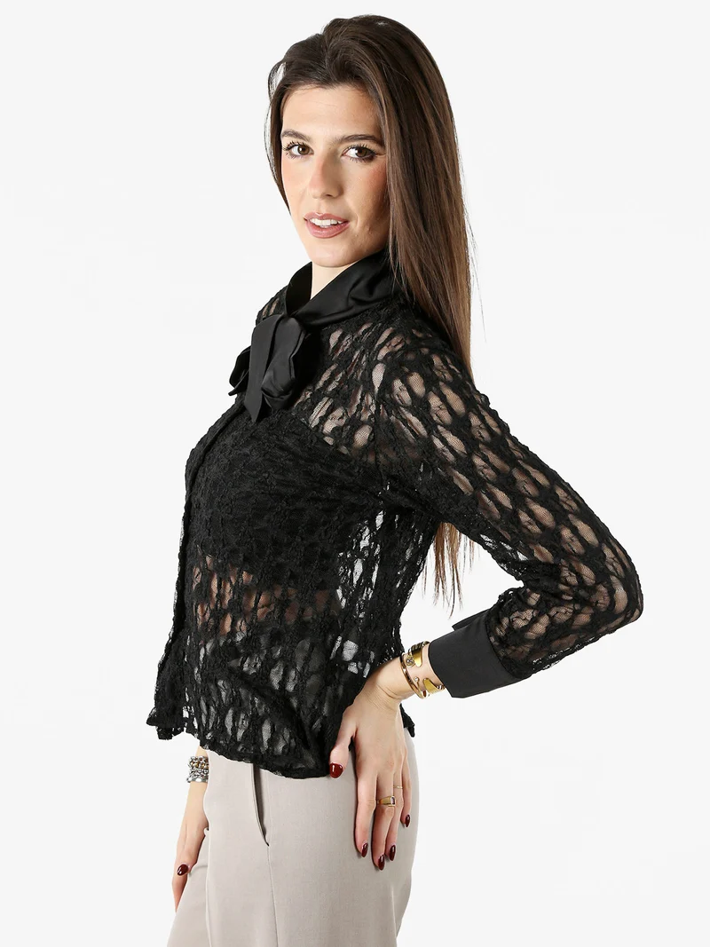 Camicia donna in pizzo a maniche lunghe con dettagli effetto raso - nero