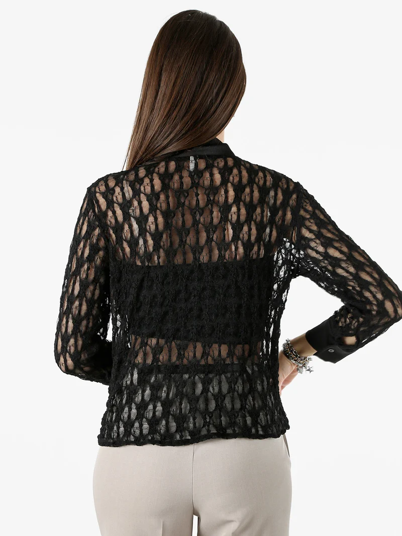 Camicia donna in pizzo a maniche lunghe con dettagli effetto raso - nero