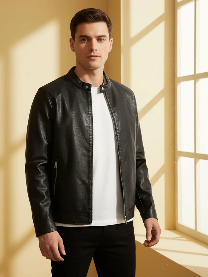 Giacca in ecopelle da uomo con zip - nero