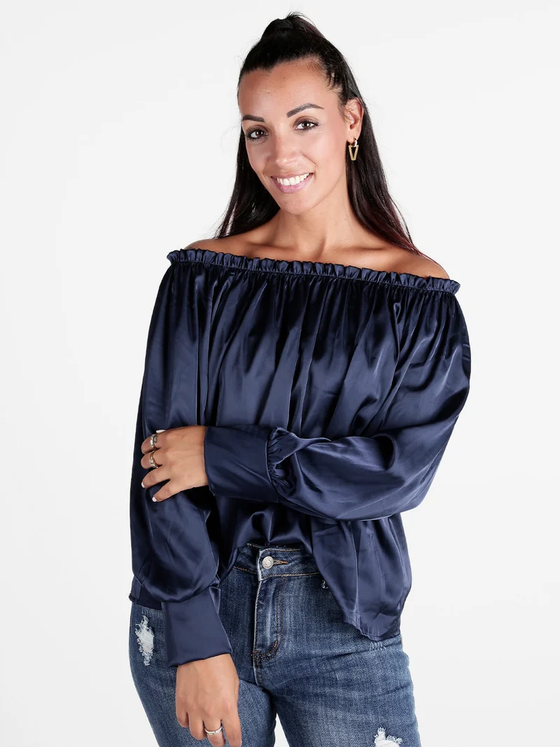 Blusa donna effetto raso con scollo a barca - blu scuro