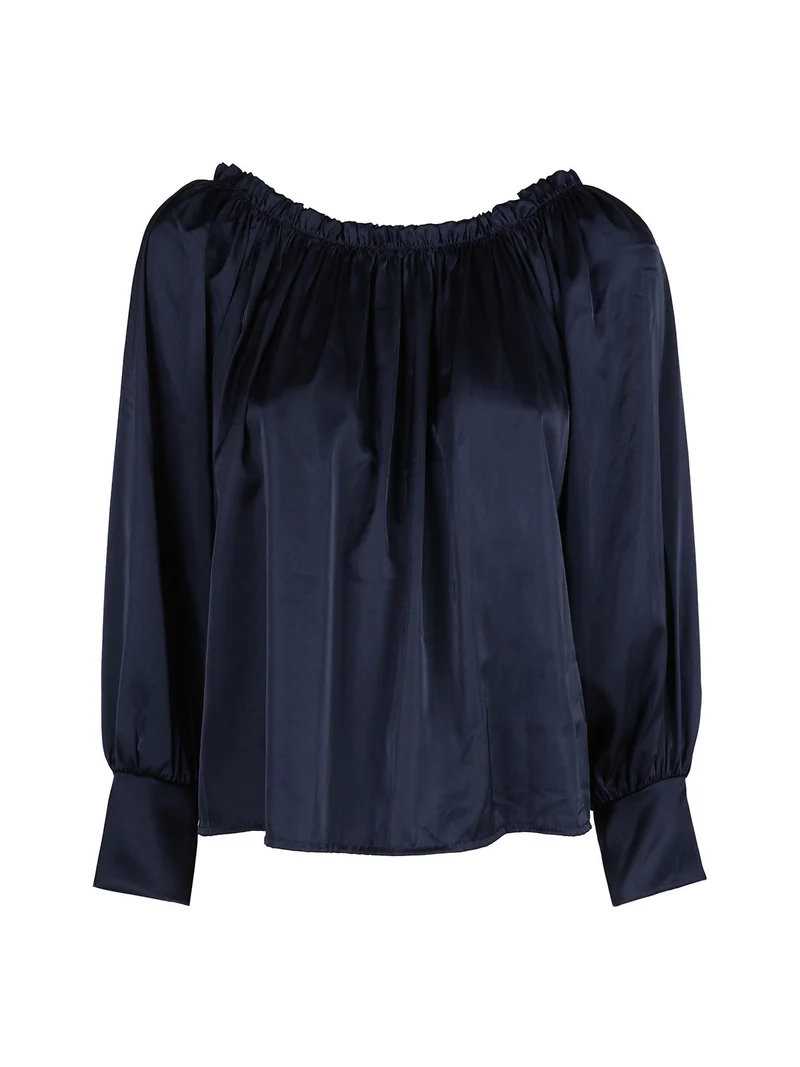 Blusa donna effetto raso con scollo a barca - blu scuro