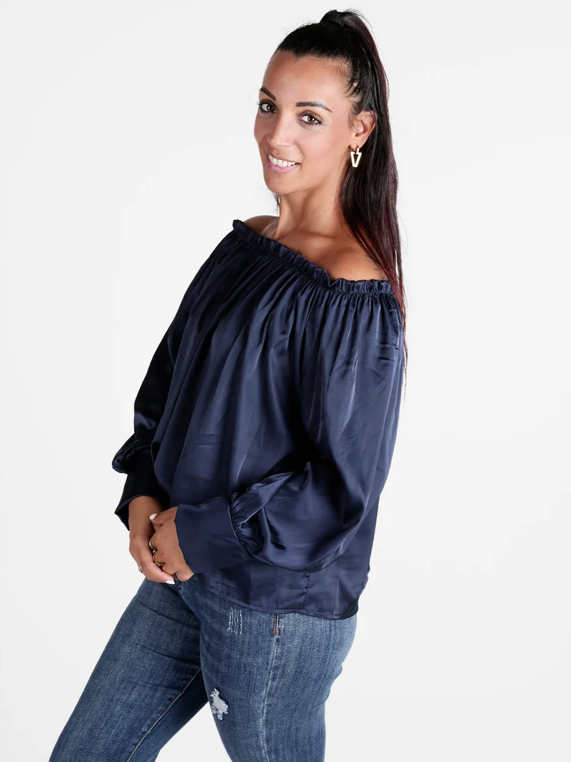 Blusa donna effetto raso con scollo a barca - blu scuro
