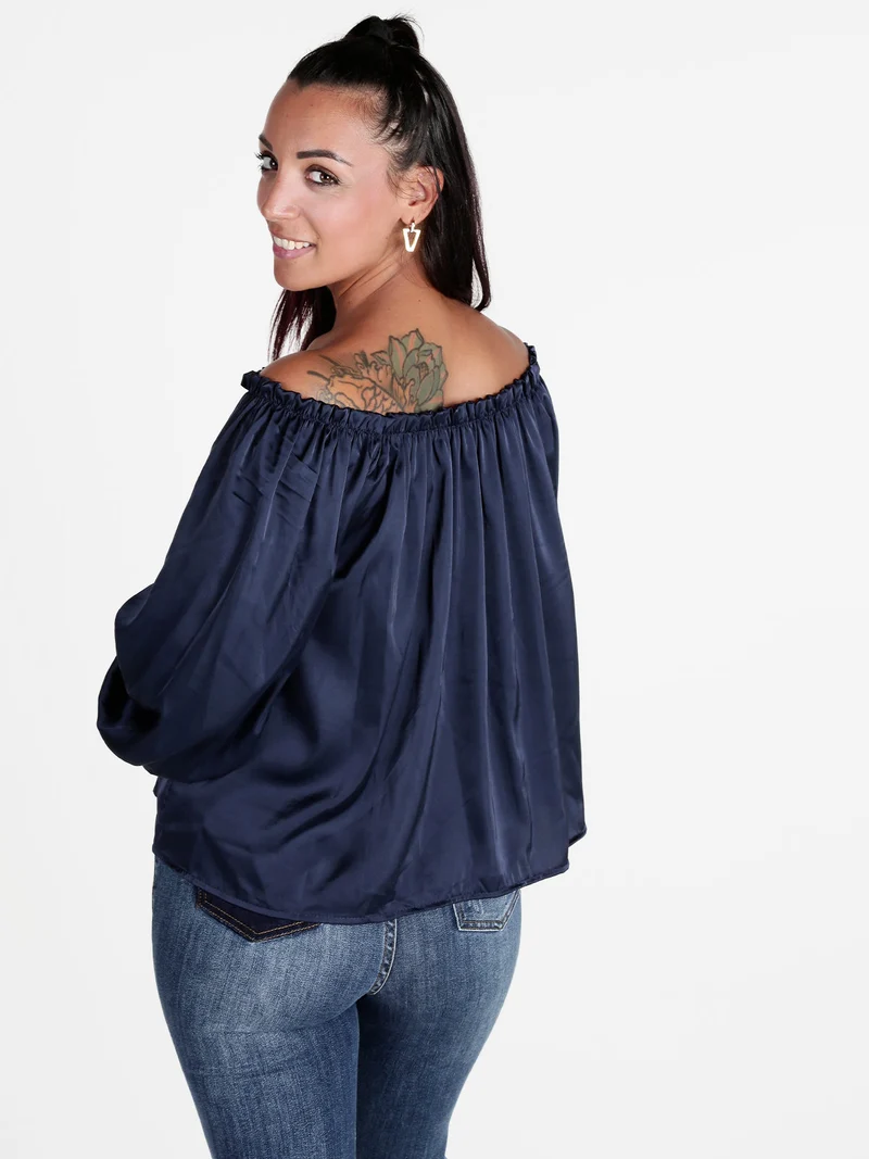 Blusa donna effetto raso con scollo a barca - blu scuro