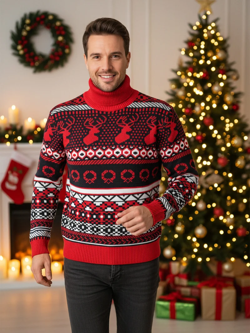 Maglione dolcevita natalizio da uomo - rosso