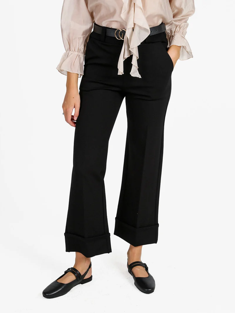 Pantaloni donna culotte con cintura e risvolto sul finale - nero