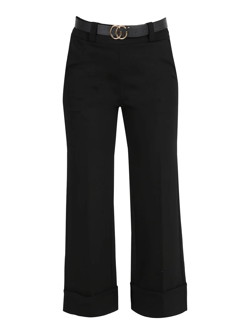 Pantaloni donna culotte con cintura e risvolto sul finale - nero
