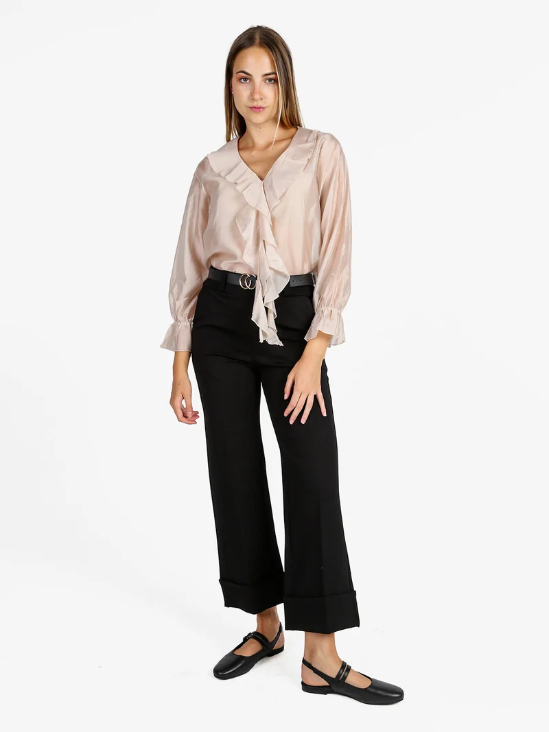 Pantaloni donna culotte con cintura e risvolto sul finale - nero