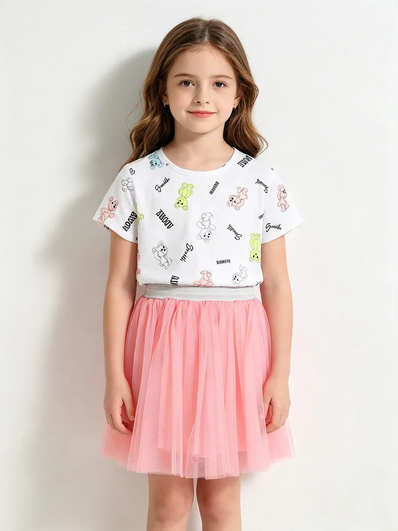 Completo da bambina t-shirt + gonna in tulle - corallo