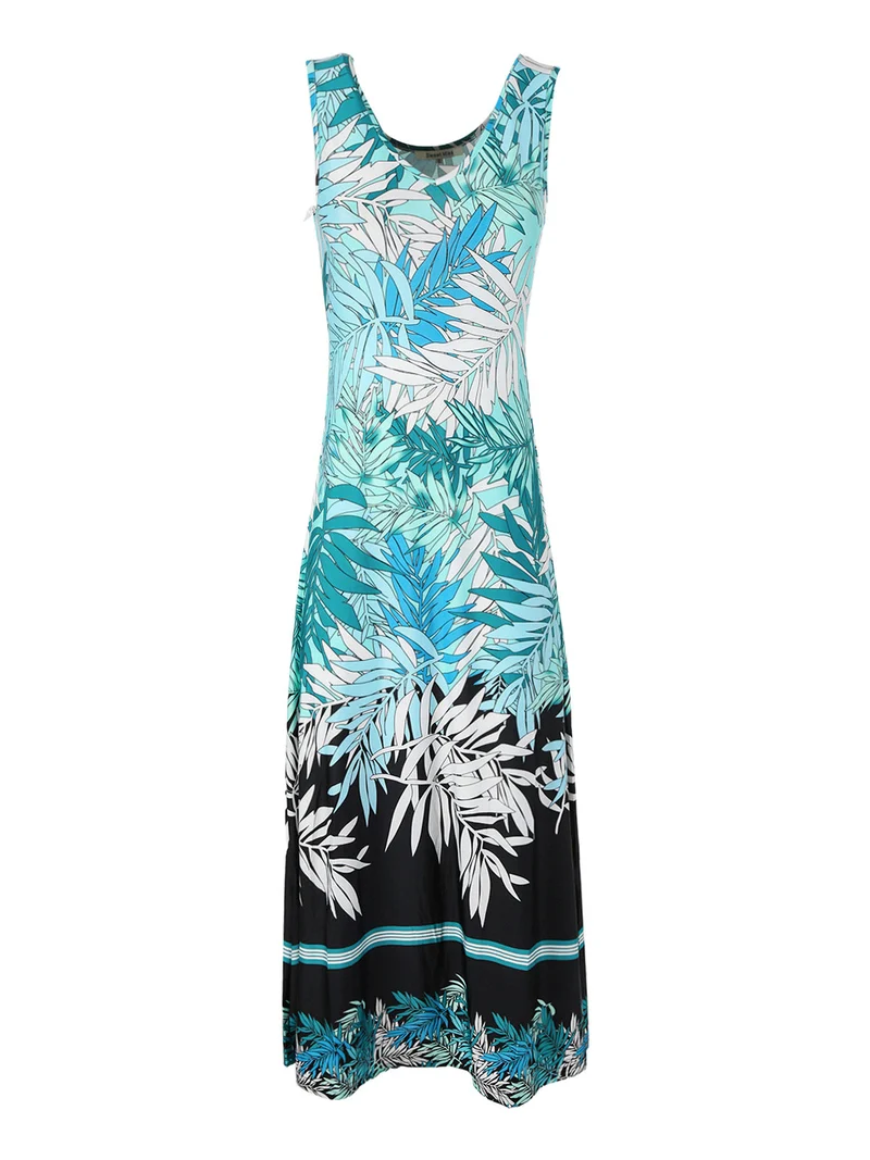 Abito lungo da donna senza maniche con stampe - acqua marina