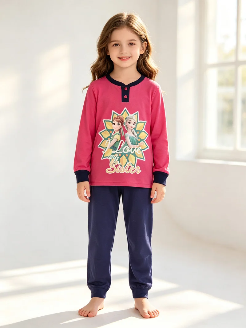 Pigiama lungo bambina in cotone Anna E Elsa - fucsia