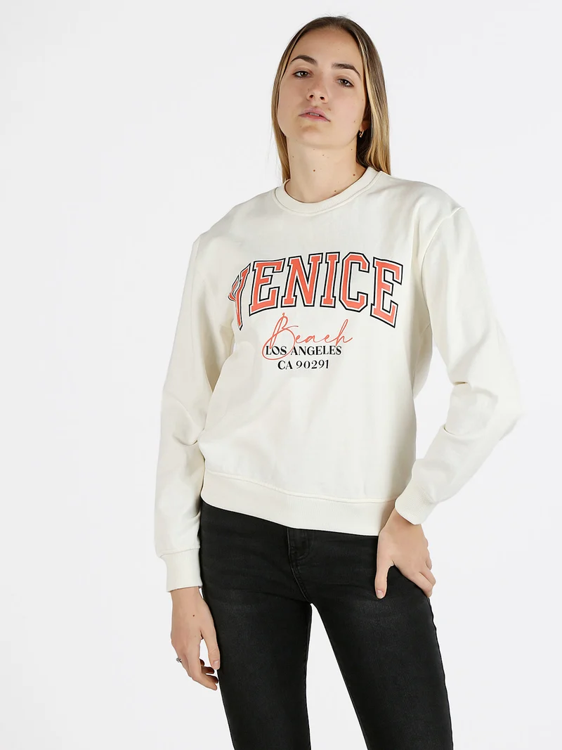 Felpa donna sportiva girocollo con scritta - bianco