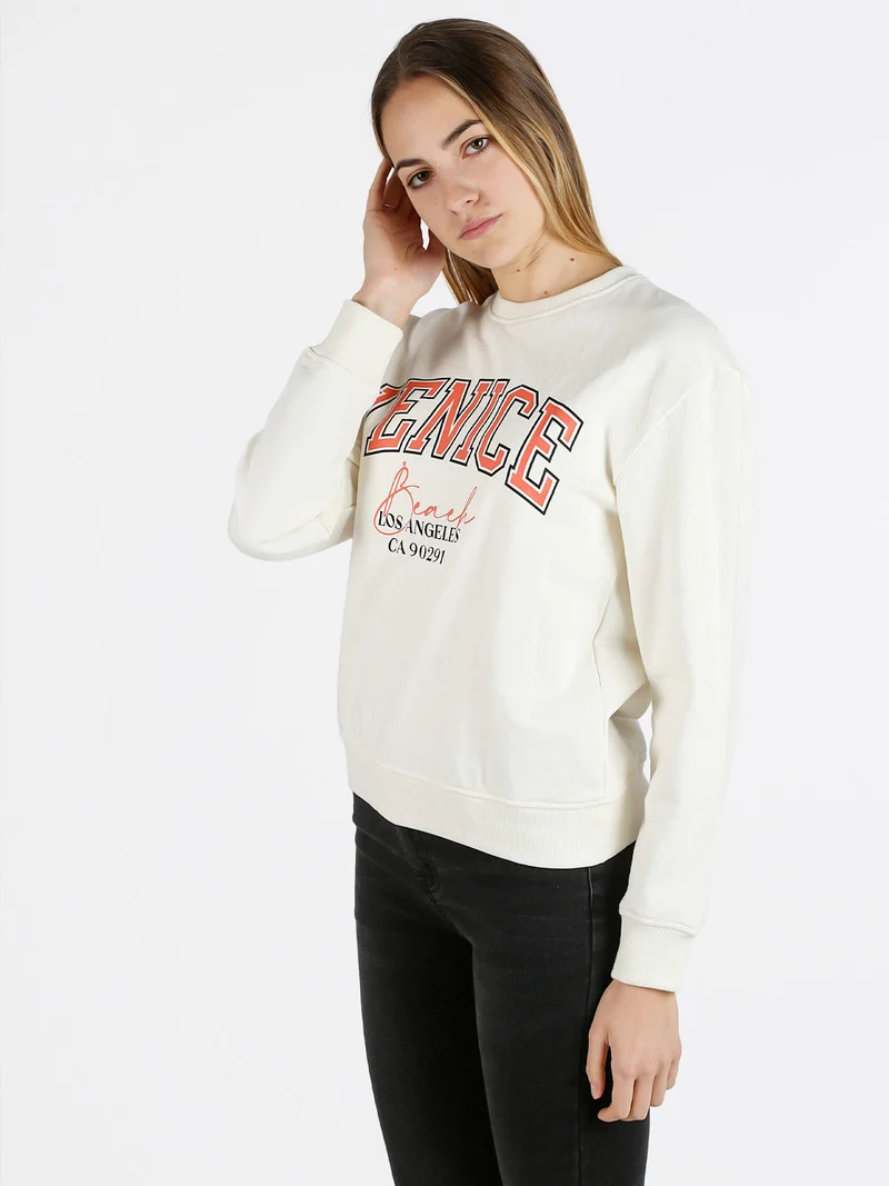 Felpa donna sportiva girocollo con scritta - bianco