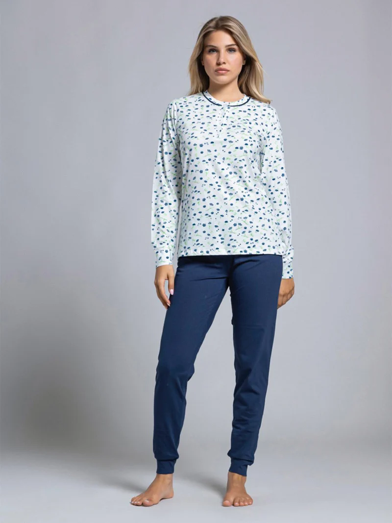 Pigiama lungo da donna in cotone con stampa fiorata - blu scuro