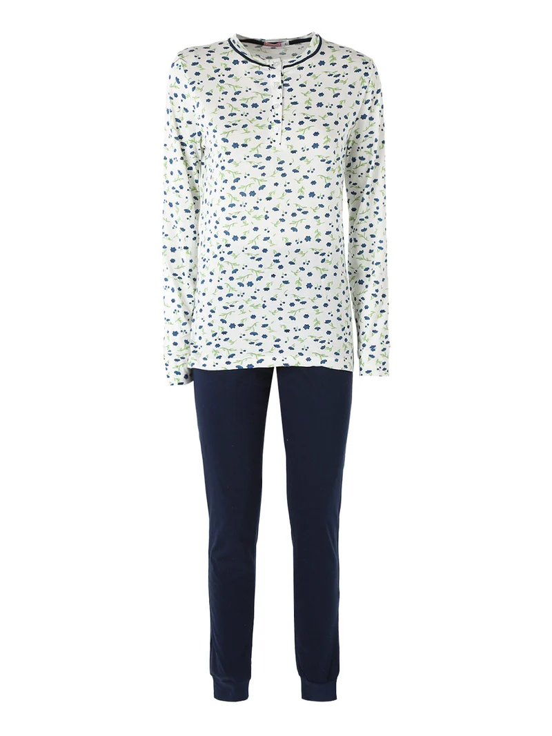 Pigiama lungo da donna in cotone con stampa fiorata - blu scuro