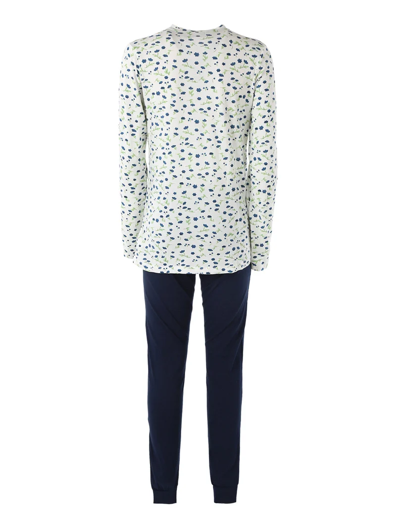 Pigiama lungo da donna in cotone con stampa fiorata - blu scuro