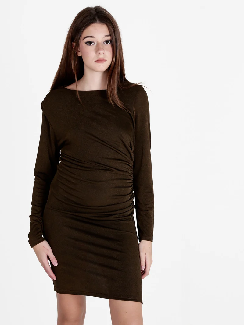 Abito donna drappeggiato a tubino con maniche lunghe - marrone