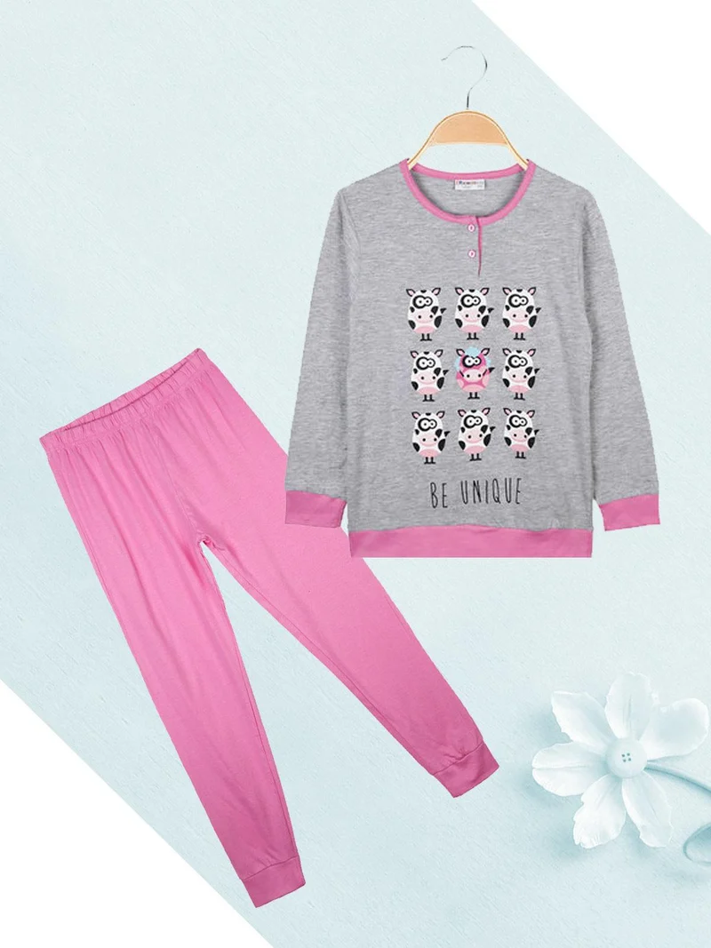 Pigiama lungo in cotone 2 pezzi - fucsia