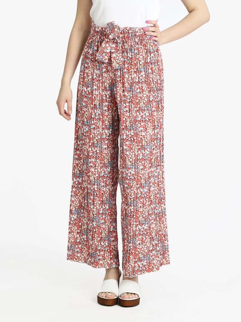 Pantaloni leggeri donna a fiori con cintura - bordeaux