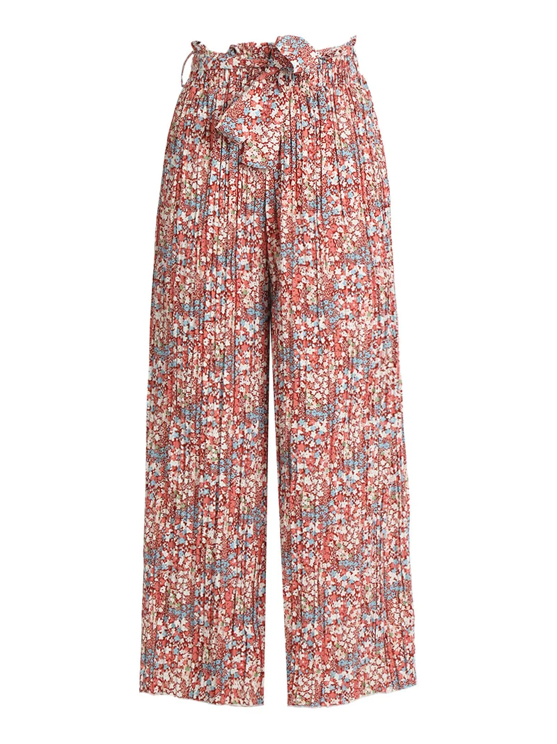 Pantaloni leggeri donna a fiori con cintura - bordeaux