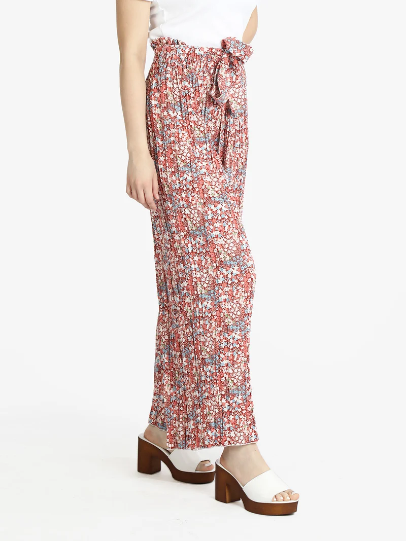 Pantaloni leggeri donna a fiori con cintura - bordeaux