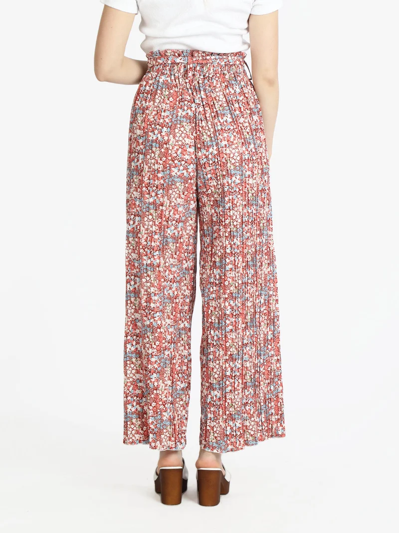 Pantaloni leggeri donna a fiori con cintura - bordeaux
