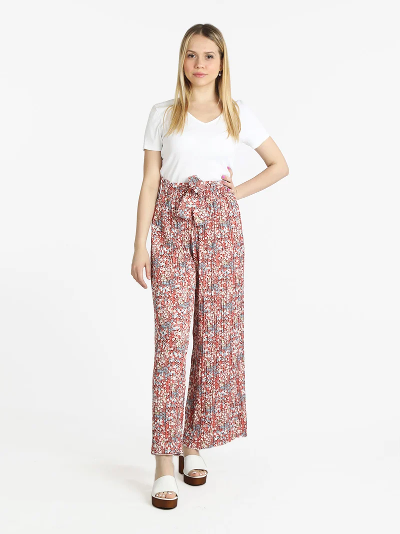 Pantaloni leggeri donna a fiori con cintura - bordeaux