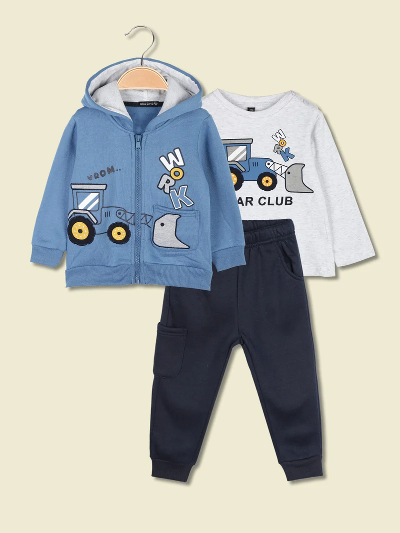 Completo 3 pezzi da neonato con cappuccio e zip - blu