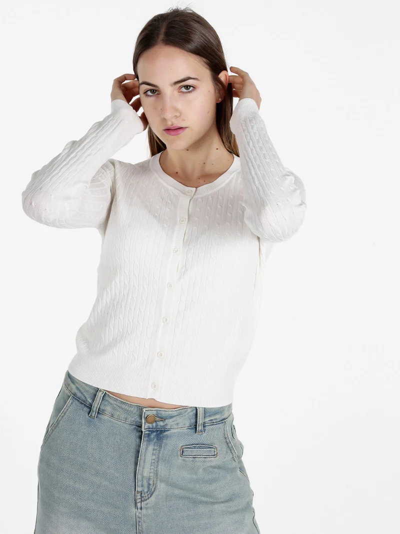 Cardigan donna a trecce con bottoni - bianco