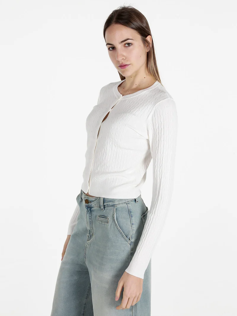 Cardigan donna a trecce con bottoni - bianco
