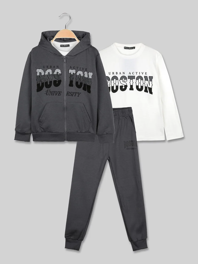 Completo 3 pezzi da ragazzo con cappuccio e zip - antracite