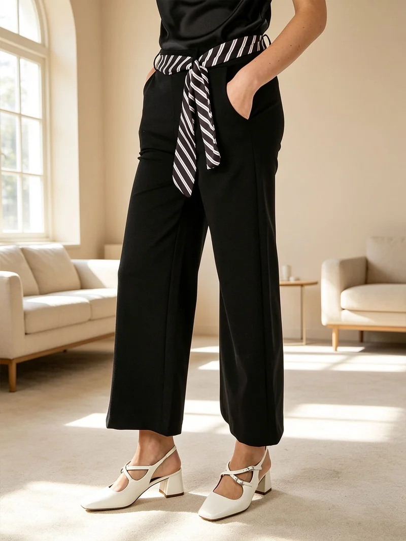 Pantaloni donna cropped a gamba larga con cintura a foulard - nero