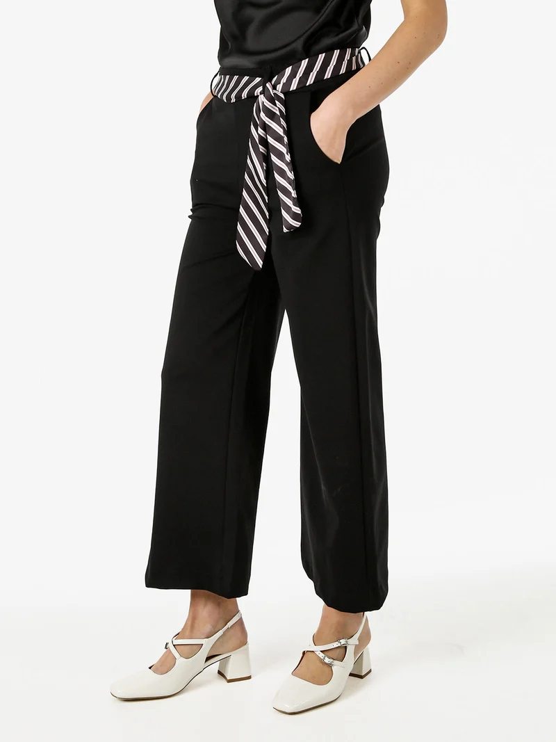 Pantaloni donna cropped a gamba larga con cintura a foulard - nero