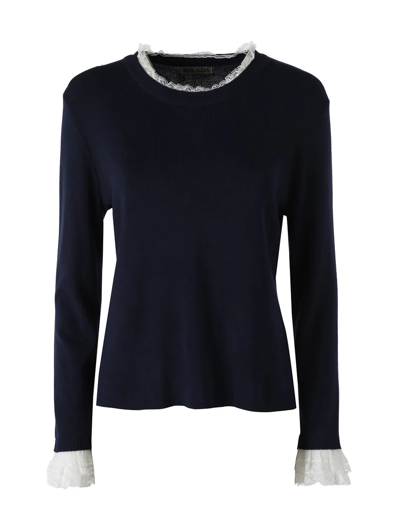 Maglia girocollo da donna con dettagli in pizzo - blu scuro