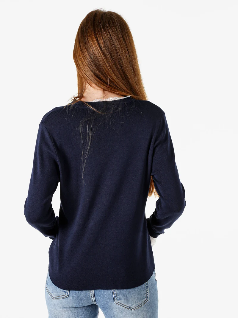 Maglia girocollo da donna con dettagli in pizzo - blu scuro