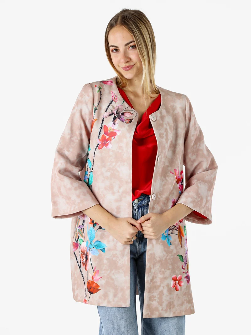 Cappotto donna con stampe floreali e maniche 3/4 a campana - beige